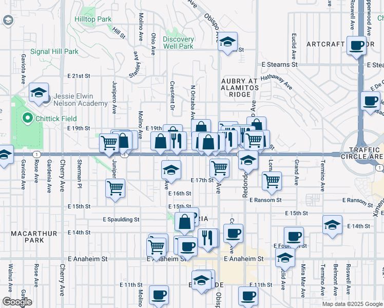 map of restaurants, bars, coffee shops, grocery stores, and more near 1821 Orizaba Avenue in Signal Hill