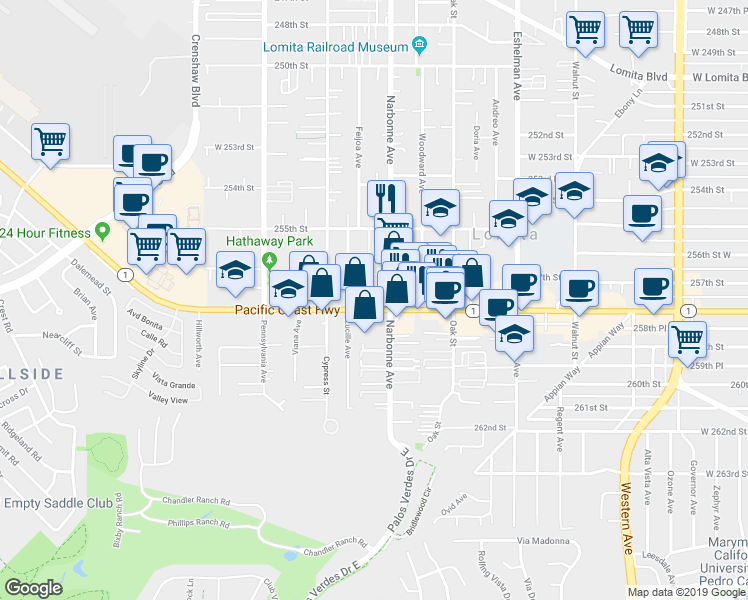 map of restaurants, bars, coffee shops, grocery stores, and more near 25624 Narbonne Avenue in Lomita
