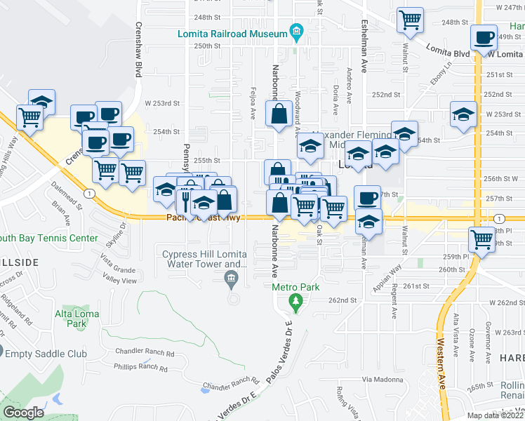 map of restaurants, bars, coffee shops, grocery stores, and more near 25616 Lucille Avenue in Lomita