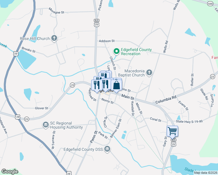map of restaurants, bars, coffee shops, grocery stores, and more near 301 Lynch Street in Edgefield