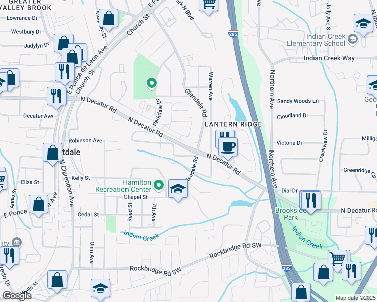 map of restaurants, bars, coffee shops, grocery stores, and more near 3327 North Decatur Road in Scottdale