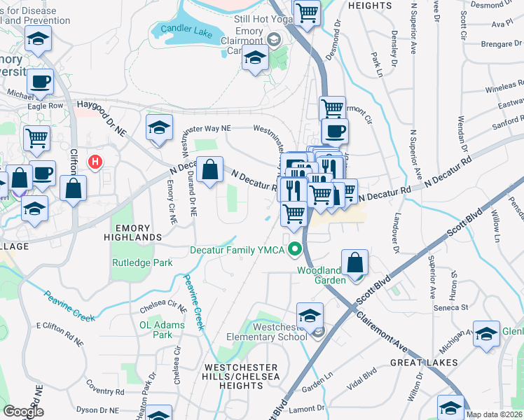 map of restaurants, bars, coffee shops, grocery stores, and more near 504 South Westminster Way in Atlanta