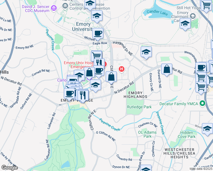 map of restaurants, bars, coffee shops, grocery stores, and more near 540 Asbury Circle in Atlanta