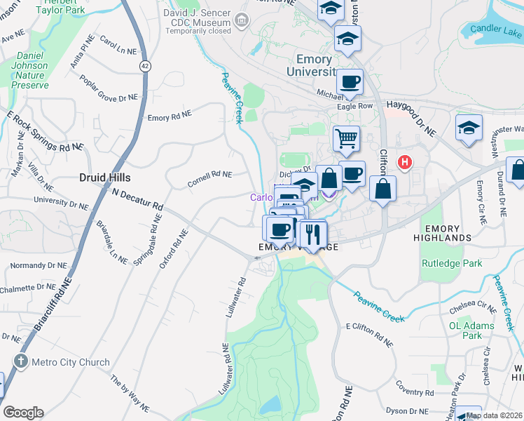 map of restaurants, bars, coffee shops, grocery stores, and more near 1319 Oxford Road Northeast in Atlanta