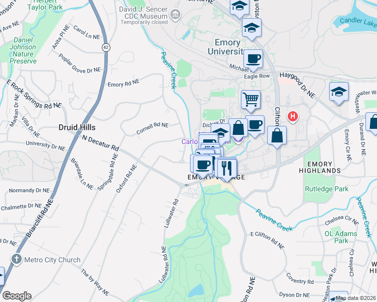 map of restaurants, bars, coffee shops, grocery stores, and more near 1319 Oxford Road Northeast in Atlanta