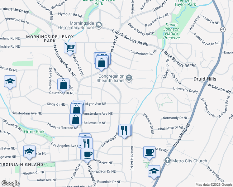 map of restaurants, bars, coffee shops, grocery stores, and more near 1292 Lanier Boulevard Northeast in Atlanta