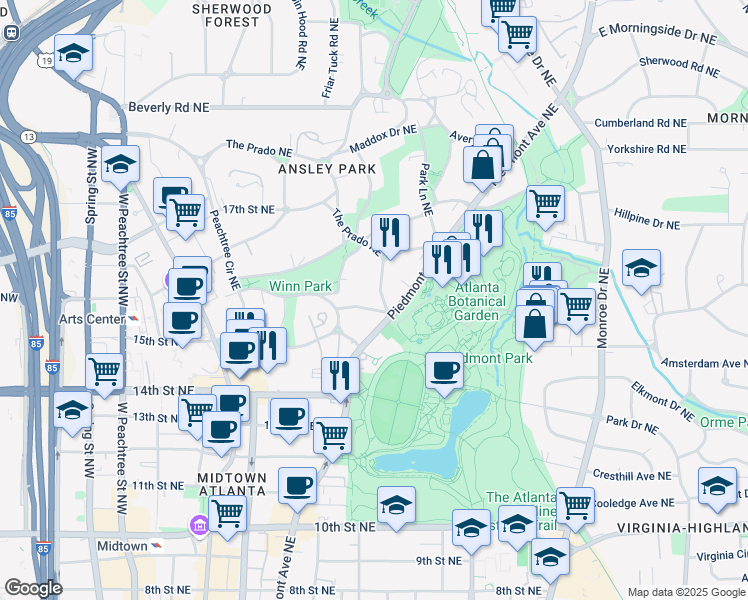 map of restaurants, bars, coffee shops, grocery stores, and more near 20 South Prado Northeast in Atlanta