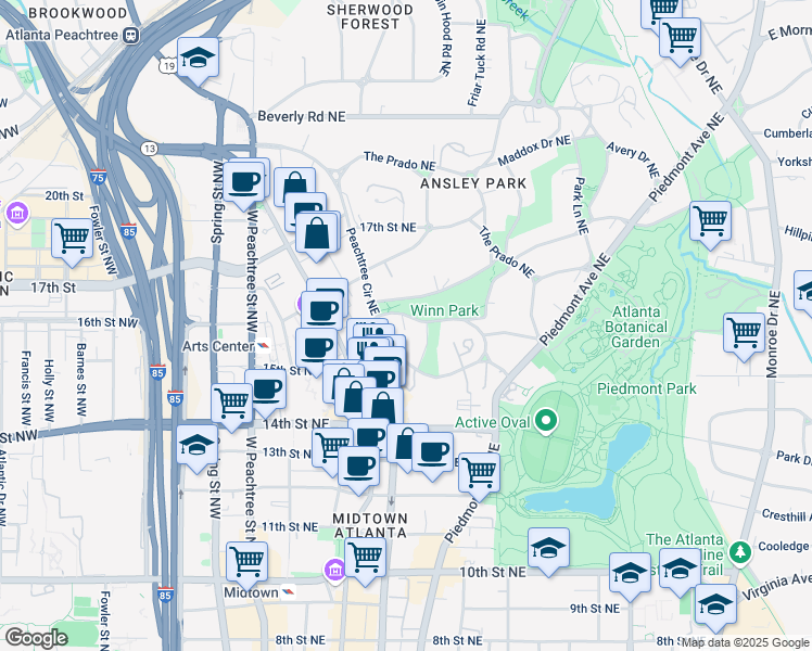 map of restaurants, bars, coffee shops, grocery stores, and more near 31 Lafayette Drive Northeast in Atlanta