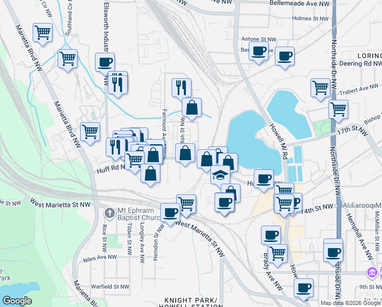 map of restaurants, bars, coffee shops, grocery stores, and more near 1305 English Street Northwest in Atlanta