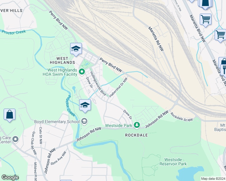 map of restaurants, bars, coffee shops, grocery stores, and more near 1671 Abbot Lane in Atlanta