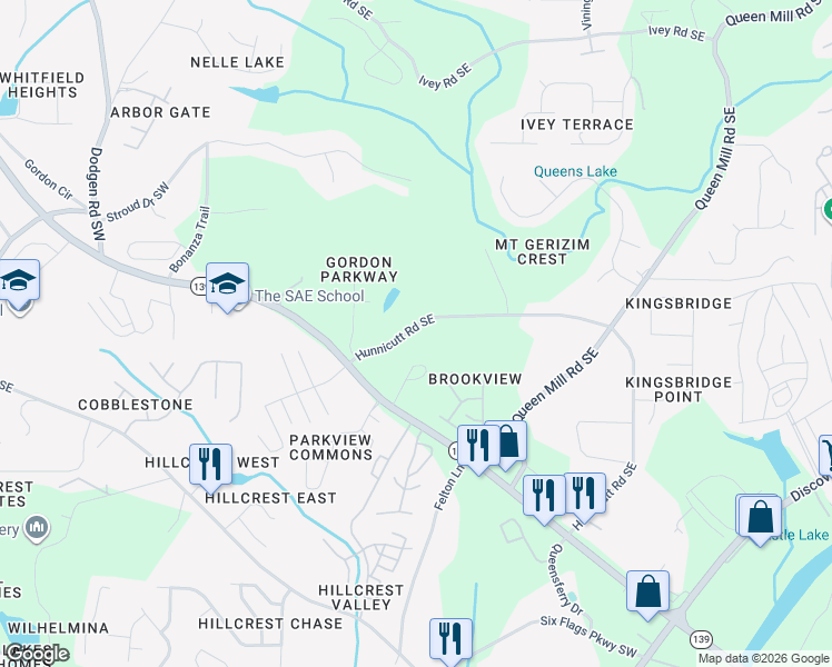 map of restaurants, bars, coffee shops, grocery stores, and more near 321 Hunnicut Road Southeast in Mableton