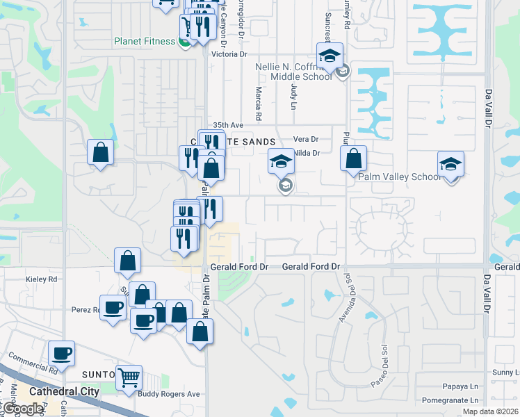 map of restaurants, bars, coffee shops, grocery stores, and more near 35589 Felicity Place in Cathedral City