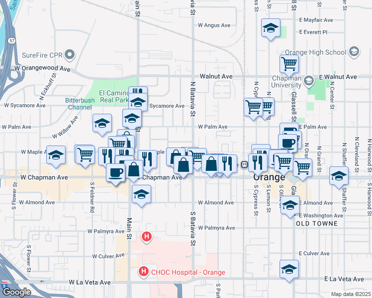 map of restaurants, bars, coffee shops, grocery stores, and more near 935 West Acacia Avenue in Orange
