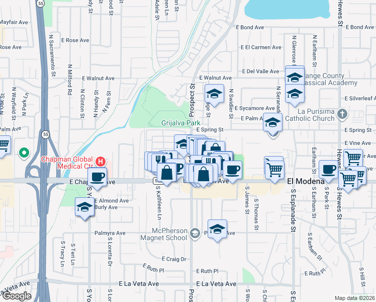 map of restaurants, bars, coffee shops, grocery stores, and more near 3138 East Maple Avenue in Orange