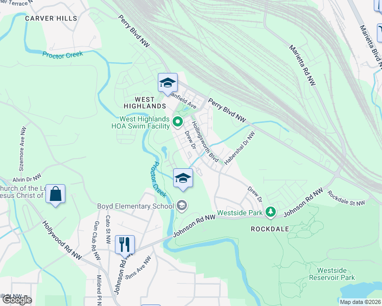 map of restaurants, bars, coffee shops, grocery stores, and more near 921 Westmoreland Circle Northwest in Atlanta