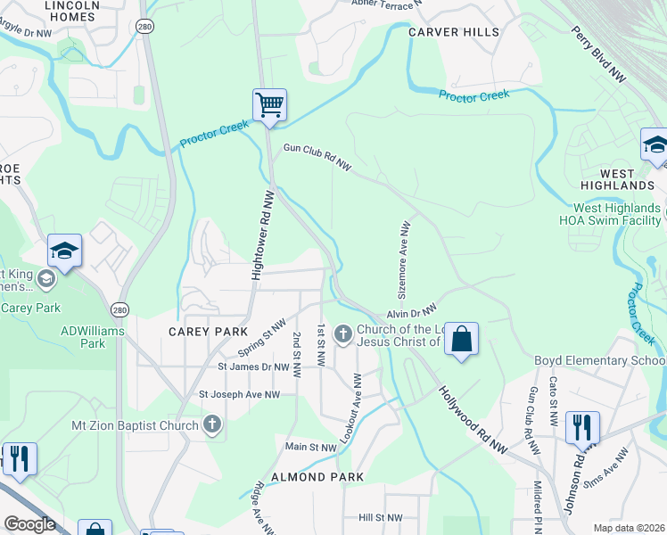map of restaurants, bars, coffee shops, grocery stores, and more near 2150 Saint Paul Avenue Northwest in Atlanta