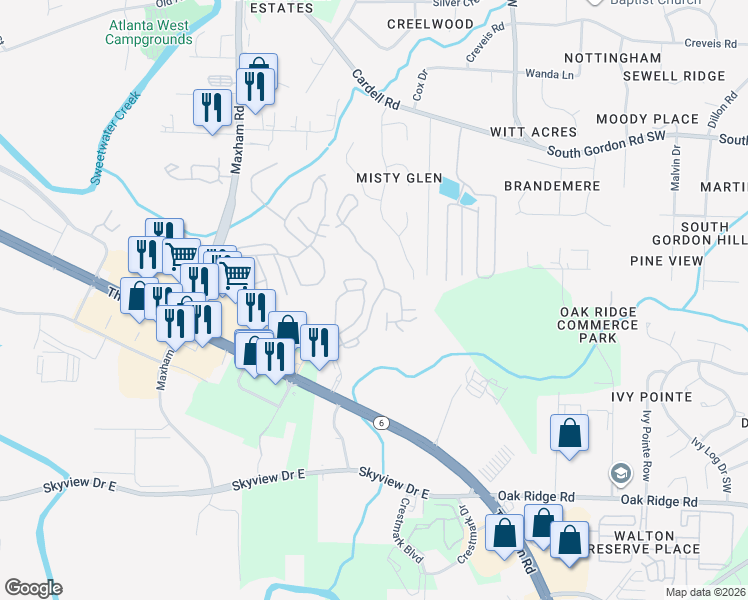 map of restaurants, bars, coffee shops, grocery stores, and more near Waterford Club Drive in Lithia Springs