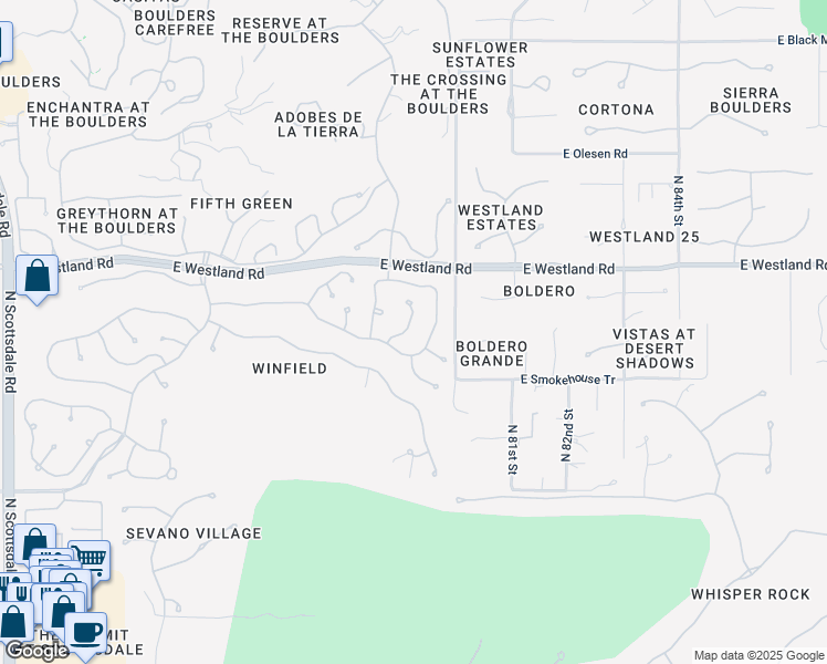map of restaurants, bars, coffee shops, grocery stores, and more near 33668 North 79th Street in Scottsdale