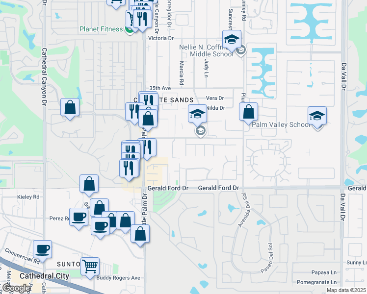 map of restaurants, bars, coffee shops, grocery stores, and more near 35589 Felicity Place in Cathedral City