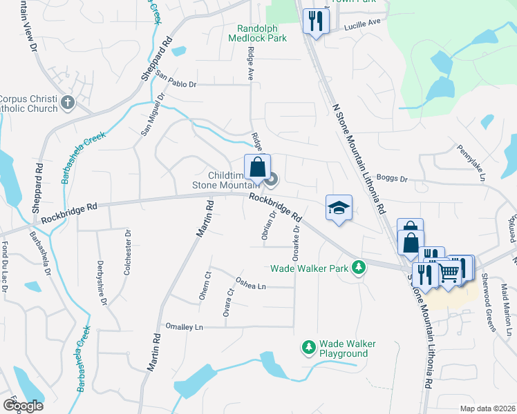 map of restaurants, bars, coffee shops, grocery stores, and more near 5430 Rockbridge Road Southwest in Stone Mountain