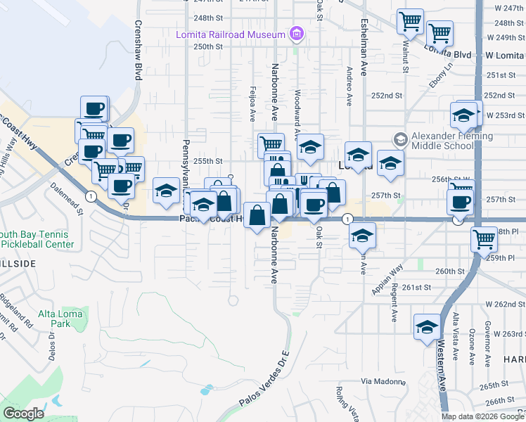 map of restaurants, bars, coffee shops, grocery stores, and more near 25624 Narbonne Avenue in Lomita