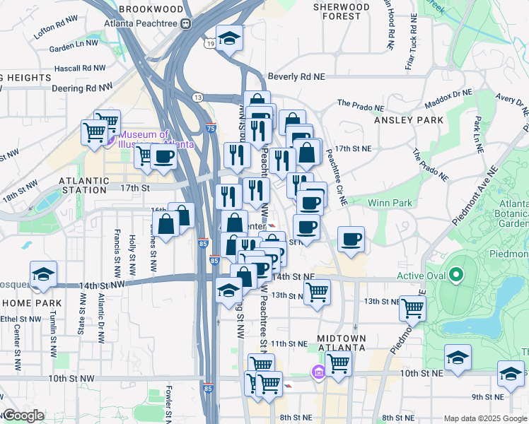 map of restaurants, bars, coffee shops, grocery stores, and more near 1287 West Peachtree St NW in Atlanta