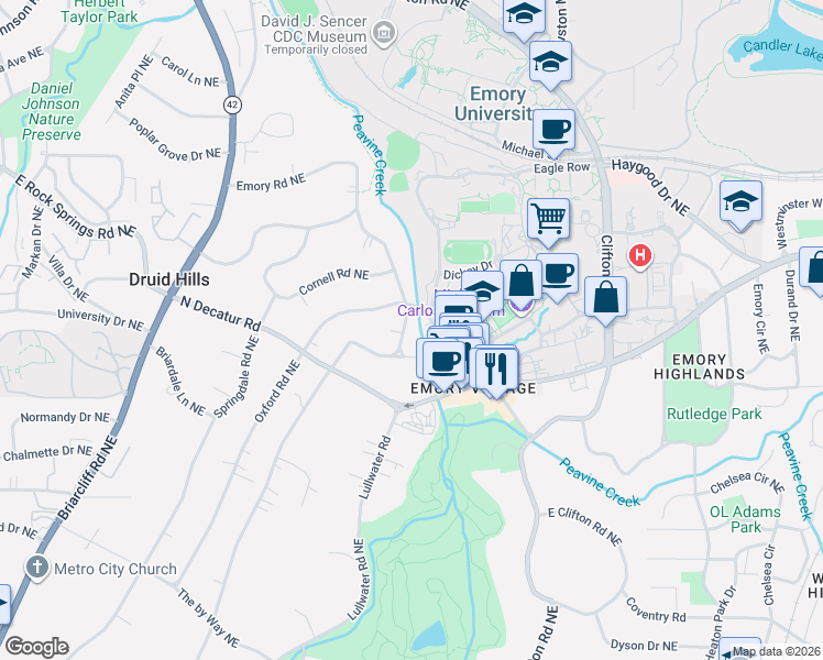 map of restaurants, bars, coffee shops, grocery stores, and more near 1319 Oxford Road Northeast in Atlanta