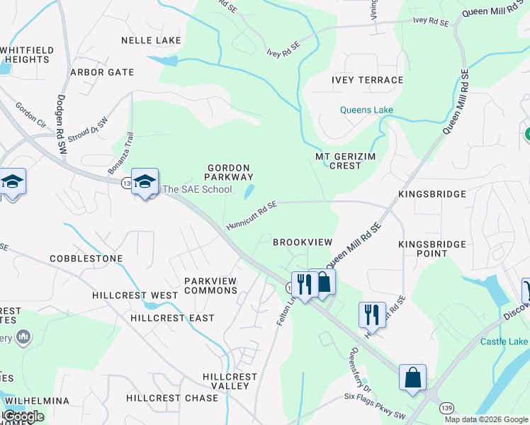 map of restaurants, bars, coffee shops, grocery stores, and more near 321 Hunnicut Road Southeast in Mableton
