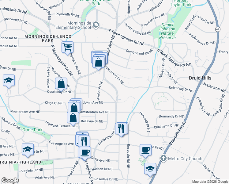 map of restaurants, bars, coffee shops, grocery stores, and more near 1292 Lanier Boulevard Northeast in Atlanta