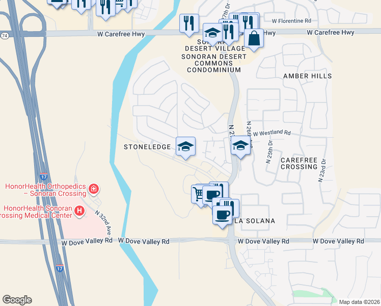 map of restaurants, bars, coffee shops, grocery stores, and more near 33625 North North Valley Parkway in Phoenix