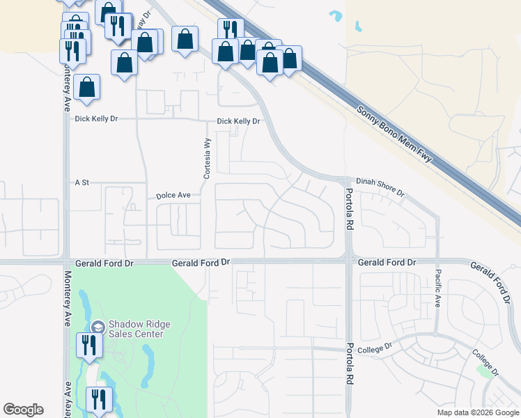 map of restaurants, bars, coffee shops, grocery stores, and more near 73775 Van Gogh Drive in Palm Desert