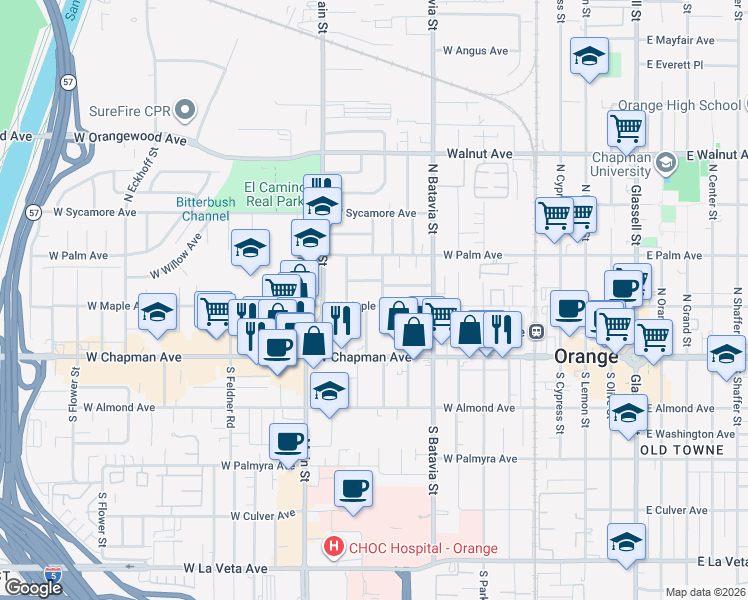 map of restaurants, bars, coffee shops, grocery stores, and more near 1111 West Maple Avenue in Orange