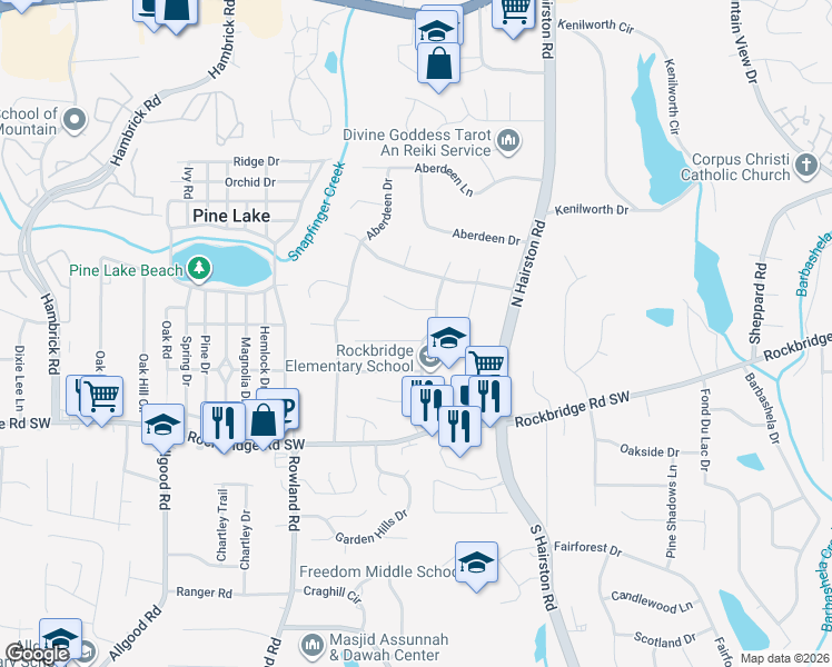 map of restaurants, bars, coffee shops, grocery stores, and more near 4670 Eberline Court in Stone Mountain
