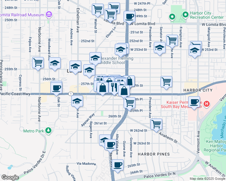 map of restaurants, bars, coffee shops, grocery stores, and more near 1803 1/2 257th Street in Lomita