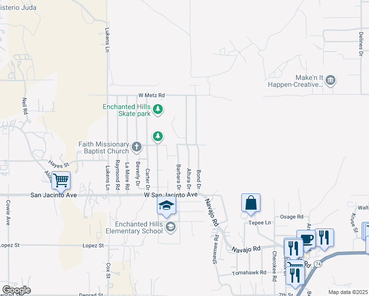 map of restaurants, bars, coffee shops, grocery stores, and more near 382 Altura Drive in Perris