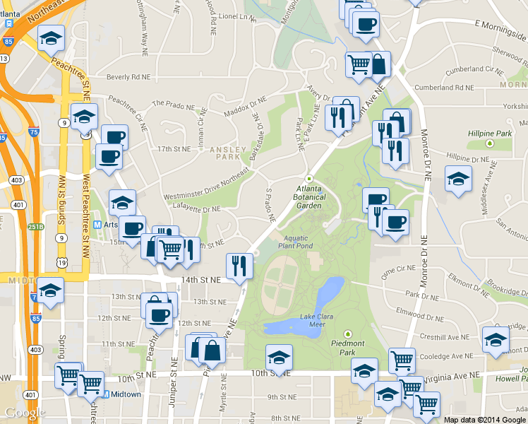 map of restaurants, bars, coffee shops, grocery stores, and more near 20 S Prado Northeast in Atlanta