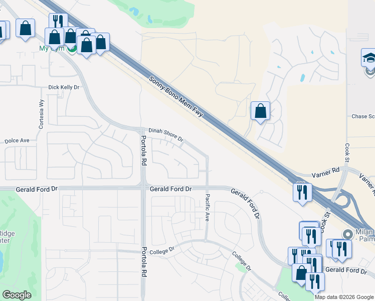 map of restaurants, bars, coffee shops, grocery stores, and more near 74377 Athena Point in Palm Desert