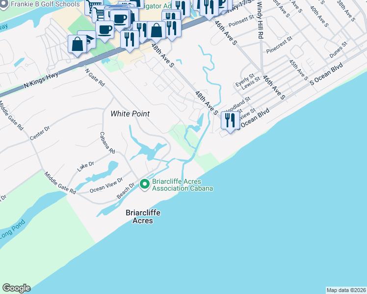 map of restaurants, bars, coffee shops, grocery stores, and more near 101 Ocean Creek Drive in Myrtle Beach