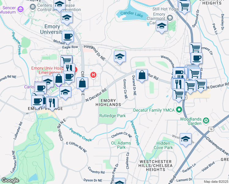 map of restaurants, bars, coffee shops, grocery stores, and more near 1896 Ridgewood Drive Northeast in Atlanta