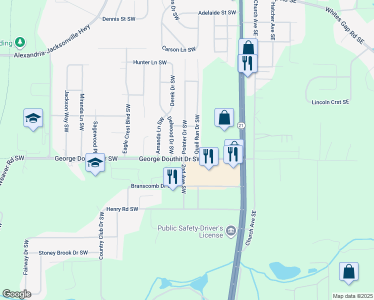 map of restaurants, bars, coffee shops, grocery stores, and more near 1320 Pointer Drive Southwest in Jacksonville
