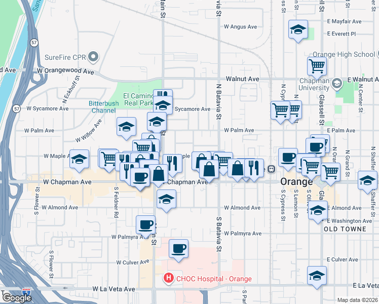 map of restaurants, bars, coffee shops, grocery stores, and more near 1111 West Maple Avenue in Orange