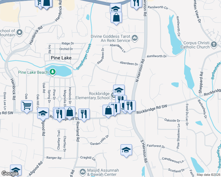 map of restaurants, bars, coffee shops, grocery stores, and more near 4637 ROUSAY Court in Stone Mountain