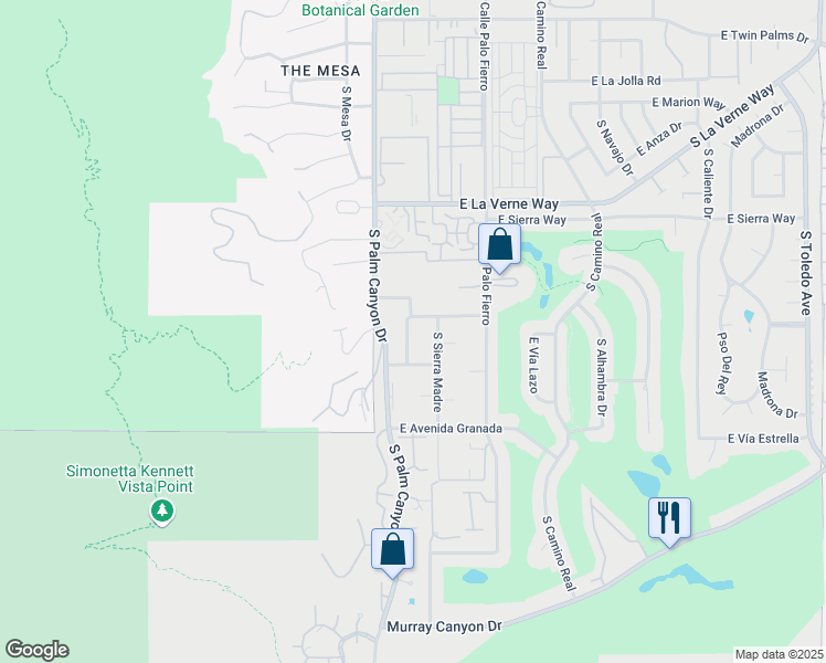 map of restaurants, bars, coffee shops, grocery stores, and more near Skyview Drive in Palm Springs
