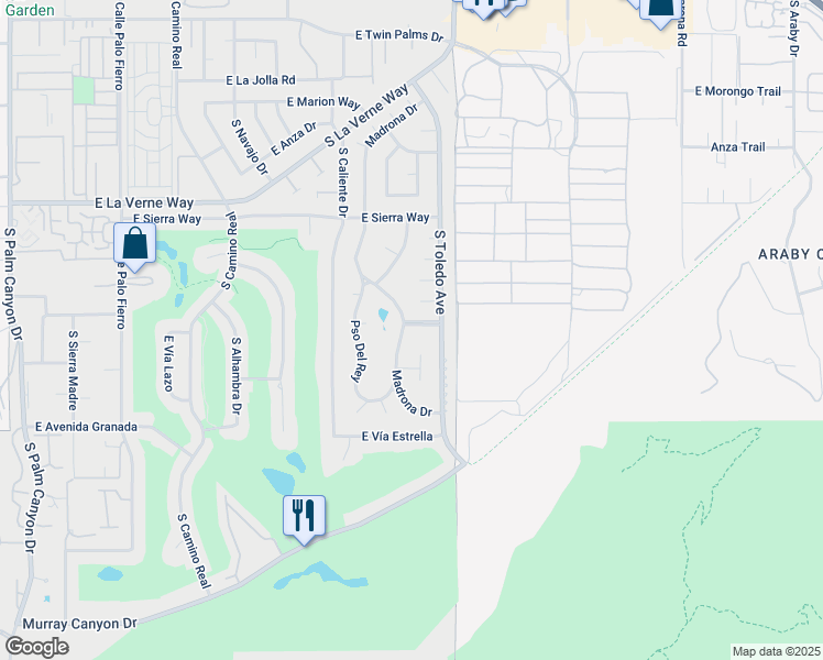 map of restaurants, bars, coffee shops, grocery stores, and more near 1533 East Canyon Estates Drive in Palm Springs