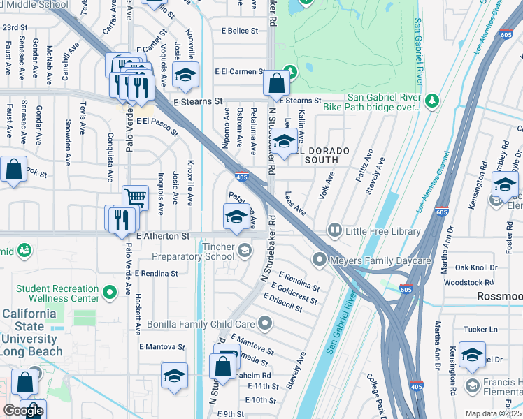 map of restaurants, bars, coffee shops, grocery stores, and more near 1837 North Studebaker Road in Long Beach