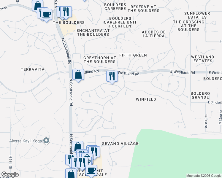 map of restaurants, bars, coffee shops, grocery stores, and more near 7456 East Soaring Eagle Way in Scottsdale