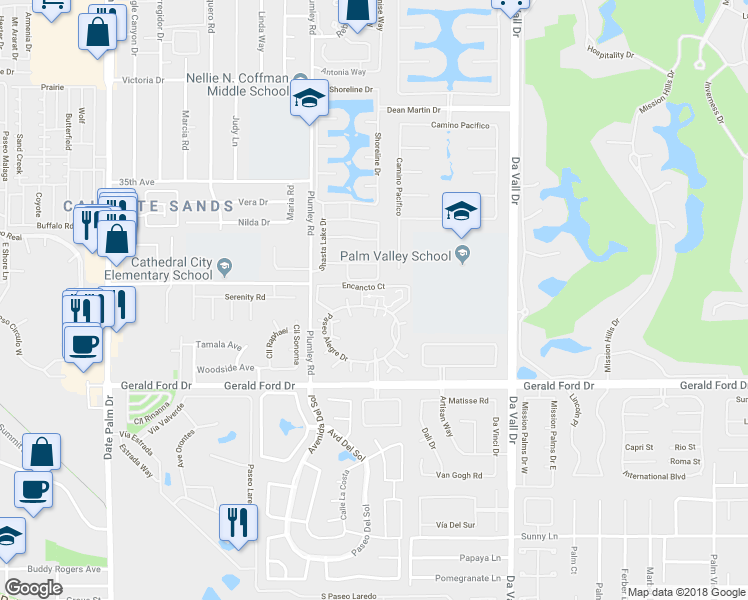 map of restaurants, bars, coffee shops, grocery stores, and more near 35523 Feliz Court in Rancho Mirage