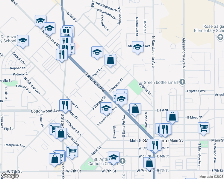 map of restaurants, bars, coffee shops, grocery stores, and more near North Wateka Street in San Jacinto