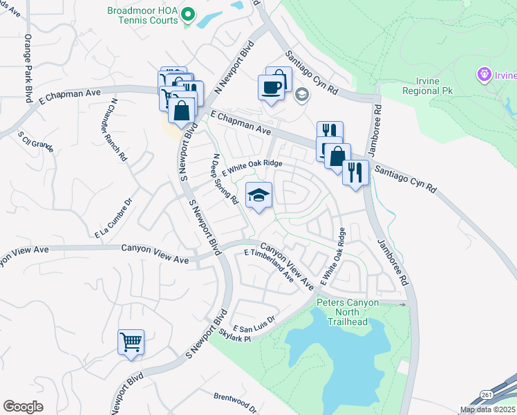 map of restaurants, bars, coffee shops, grocery stores, and more near 177 North Handy Creek Road in Orange