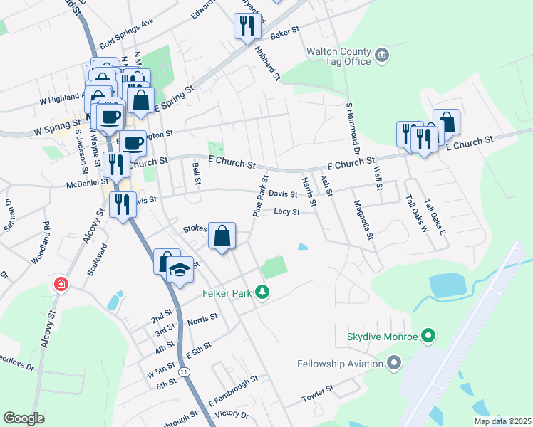 map of restaurants, bars, coffee shops, grocery stores, and more near 501 Pine Park Street in Monroe